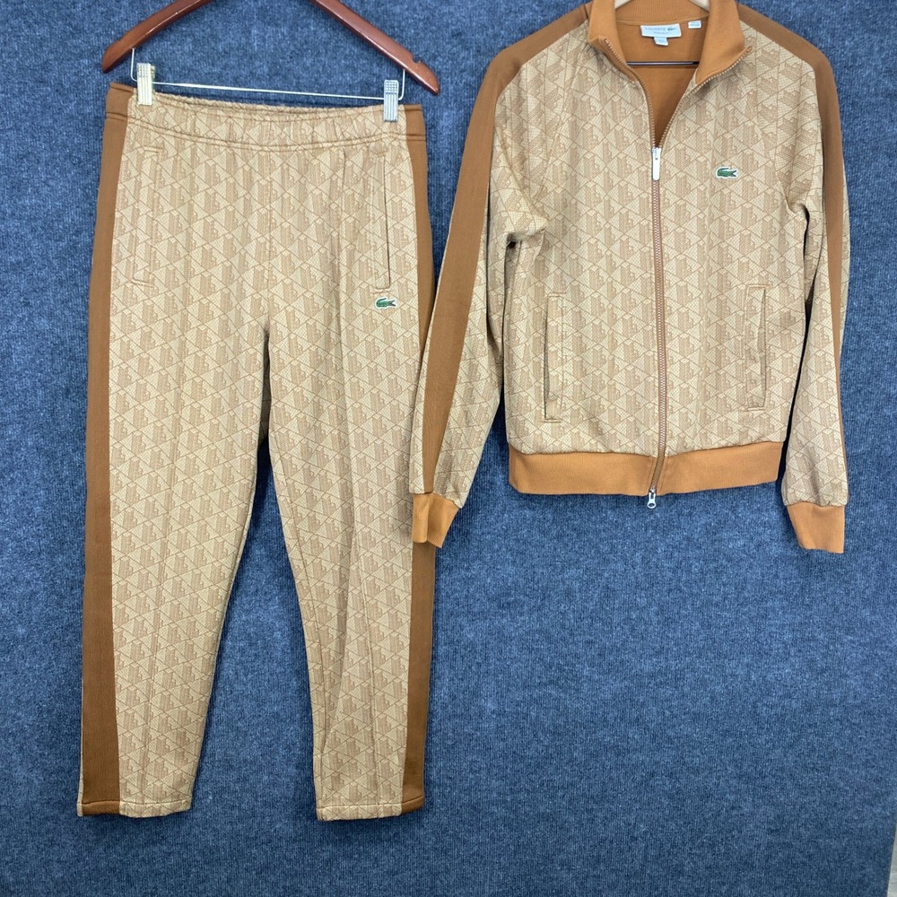 Lacoste Mens Monogram Jacquard Tracksuit Set Tan Brown Regular Fit Small